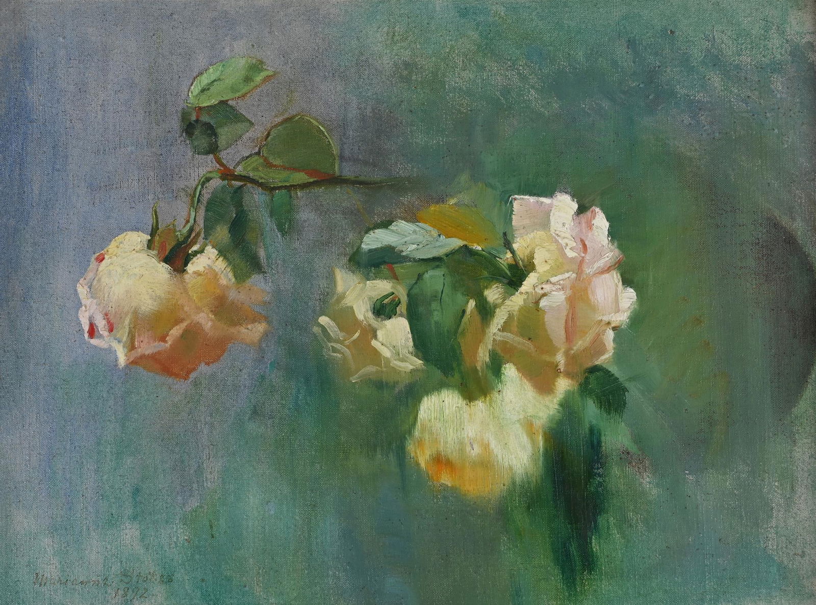 MARIANNE STOKES (BRITISH 1855 - 1927), STUDY OF ROSES: MARIANNE STOKES (BRITISH 1855 - 1927)STUDY OF ROSESOil on boardSigned and dated '1892' (lower left)26 x 35cm (10 x 13¾ in.)