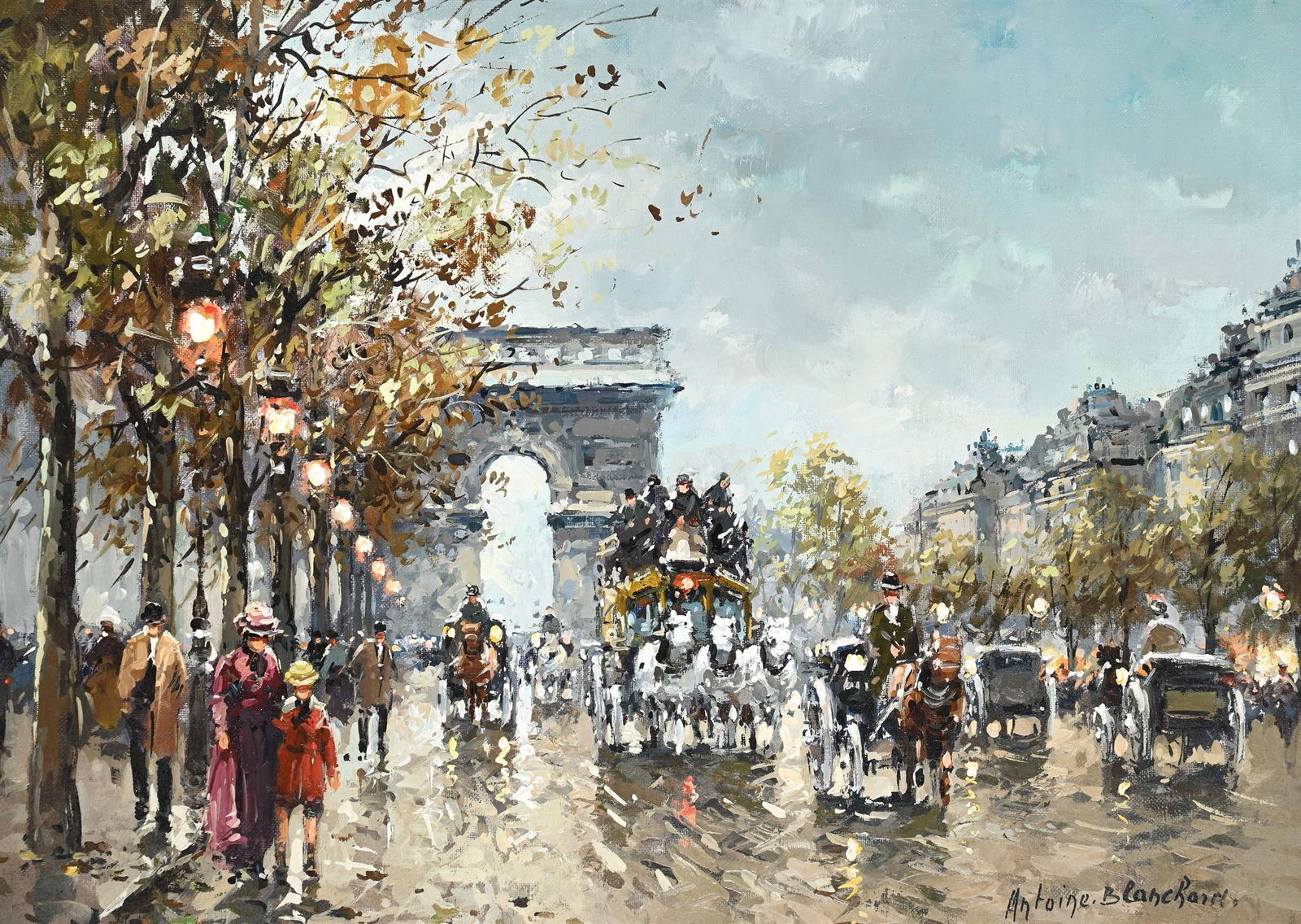λ ANTOINE BLANCHARD (FRENCH 1910 - 1988), THE CHAMPS ELYSEES WITH THE ARC DE TRIOMPHE BEYOND: λANTOINE BLANCHARD (FRENCH 1910 - 1988)THE CHAMPS ELYSEES WITH THE ARC DE TRIOMPHE BEYONDOil on canvasSigned (lower right)33.5 x 46cm (13 x 18 in.) Provenance:Callan Fine Art, New Orleans, LASale