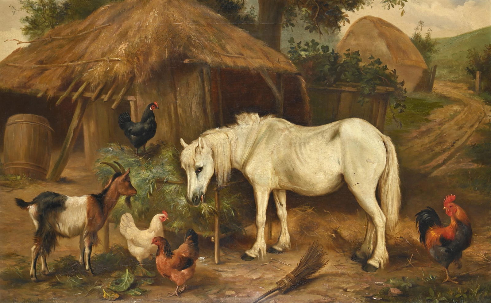 EDGAR HUNT (BRITISH 1876 - 1953), CHICKENS IN A YARD WITH A HORSE AND A GOAT (1 of 3)