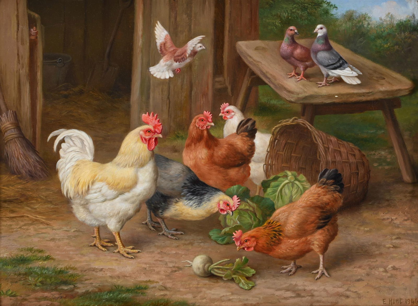 EDGAR HUNT (BRITISH 1876 - 1955), CHICKENS AND PIGEONS (1 of 3)