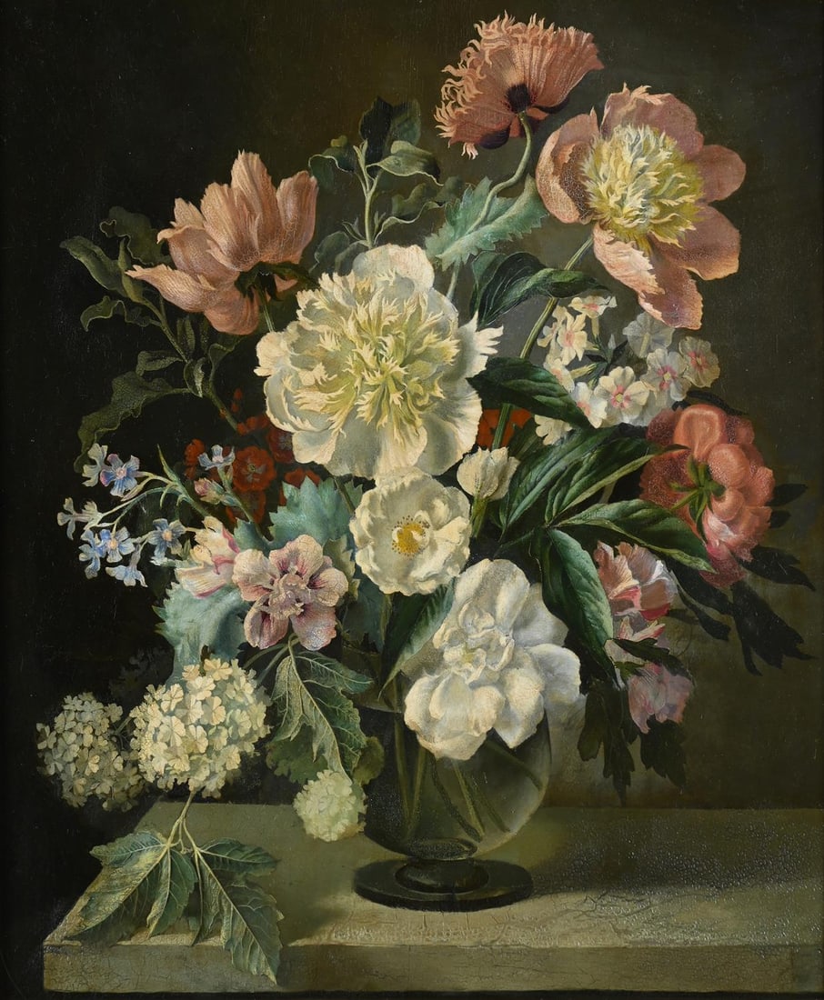 λ GERALD COOPER (BRITISH 1898-1975), POPPIES AND OTHER FLOWERS IN A VASE ON A LEDGE (1 of 3)