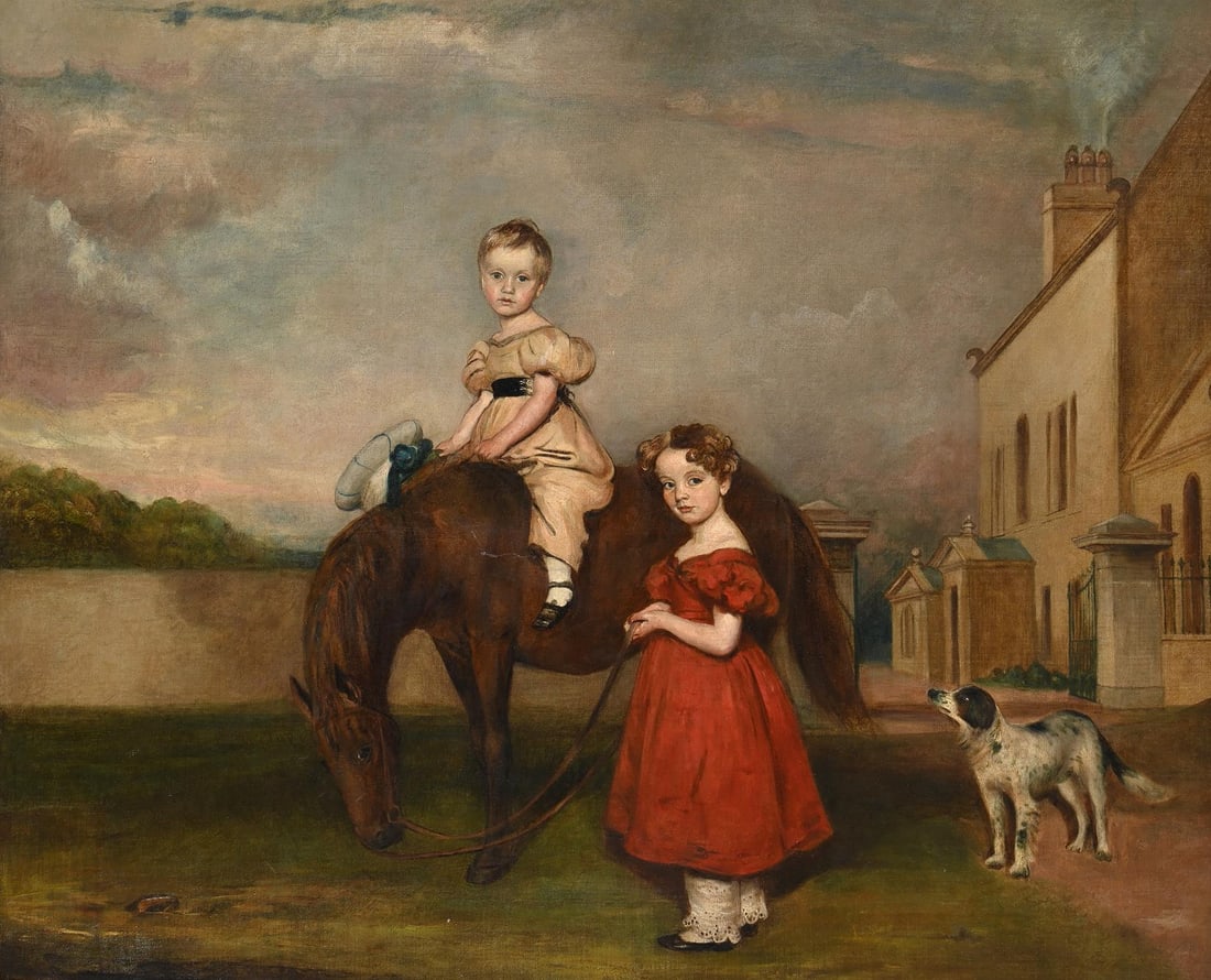 JOHN FERNELEY SENIOR (BRITISH 1782 - 1860), TWO CHILDREN OUTSIDE A COUNTRY HOUSE (1 of 3)