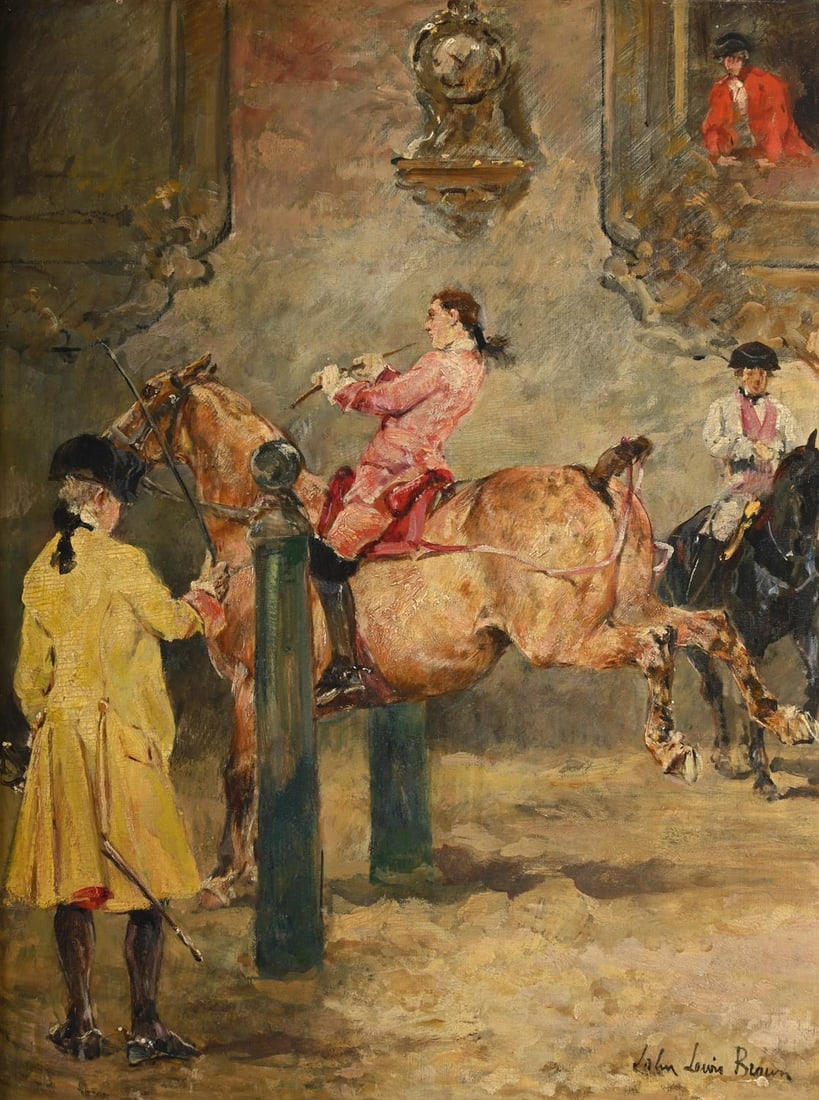 JOHN LEWIS BROWN (FRENCH 1829 - 1890), RIDING SCHOOL: JOHN LEWIS BROWN (FRENCH 1829 - 1890)RIDING SCHOOLOil on board35.5 x 26.5cm (13¾ x 10¼ in.)Painted circa 1882.Provenance: Durand-Ruel Galleries Paris/New York Private collection, USA