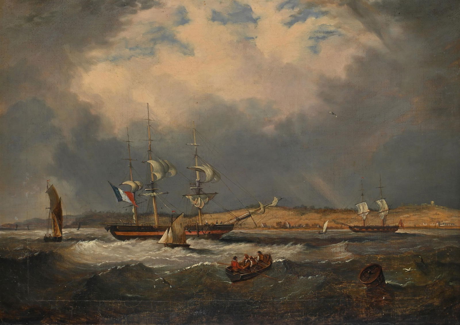 ATTRIBUTED TO WILLIAM JOHN HUGGINS (BRITISH 1781-1845), THREE MASTED FRENCH VESSELS OFF A COAST: ATTRIBUTED TO WILLIAM JOHN HUGGINS (BRITISH 1781-1845)THREE MASTED FRENCH VESSELS AND OTHER VESSELS OFF A COASTOil on canvas61 x 84.5cm (24 x 33¼ in.)Provenance: Sale, Sotheby's, London, Modern P