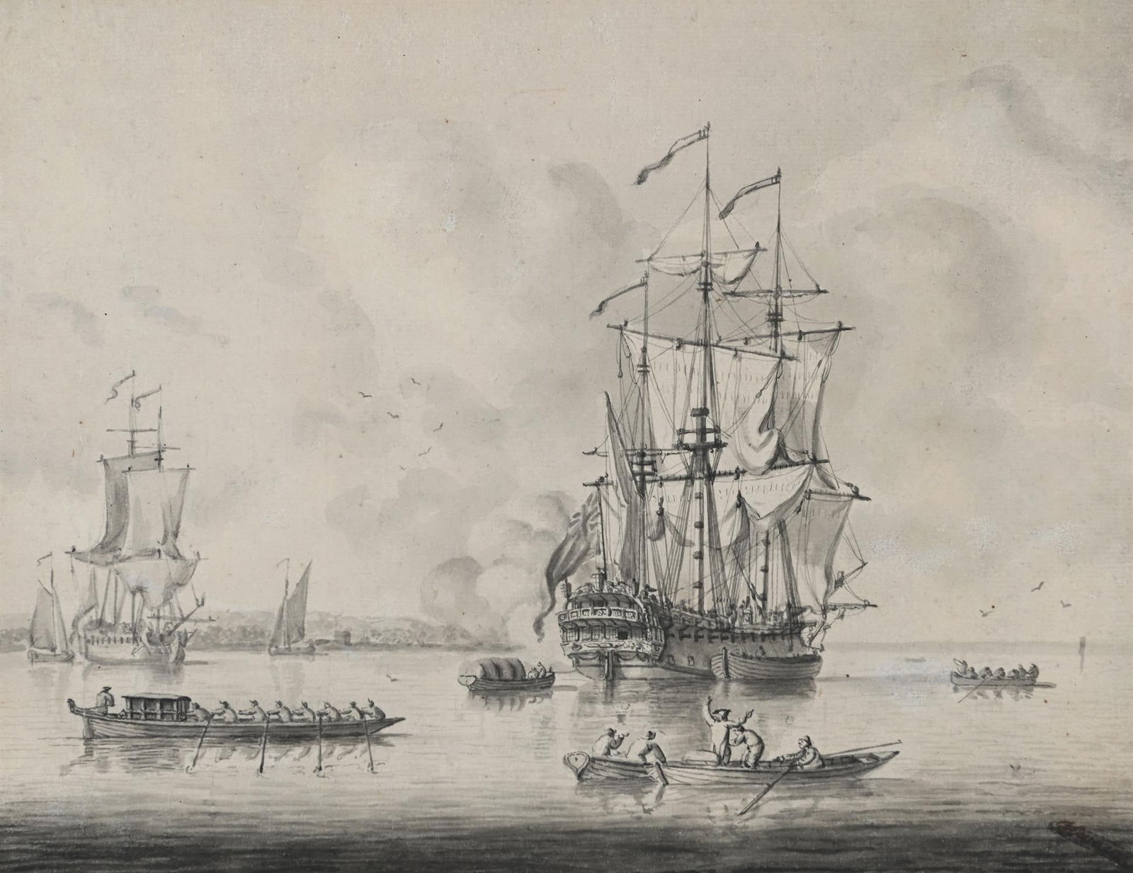 ATTRIBUTED TO FRANCIS SWAINE (BRITISH CIRCA 1720 - 1782), FRIGATES IN A HARBOUR: ATTRIBUTED TO FRANCIS SWAINE (BRITISH CIRCA 1720 - 1782)FRIGATES IN A HARBOURPen, ink and washBears signature (lower right)18 x 22cm (7 x 8½ in.)Provenance:Sale, Maynards, Canada, International A