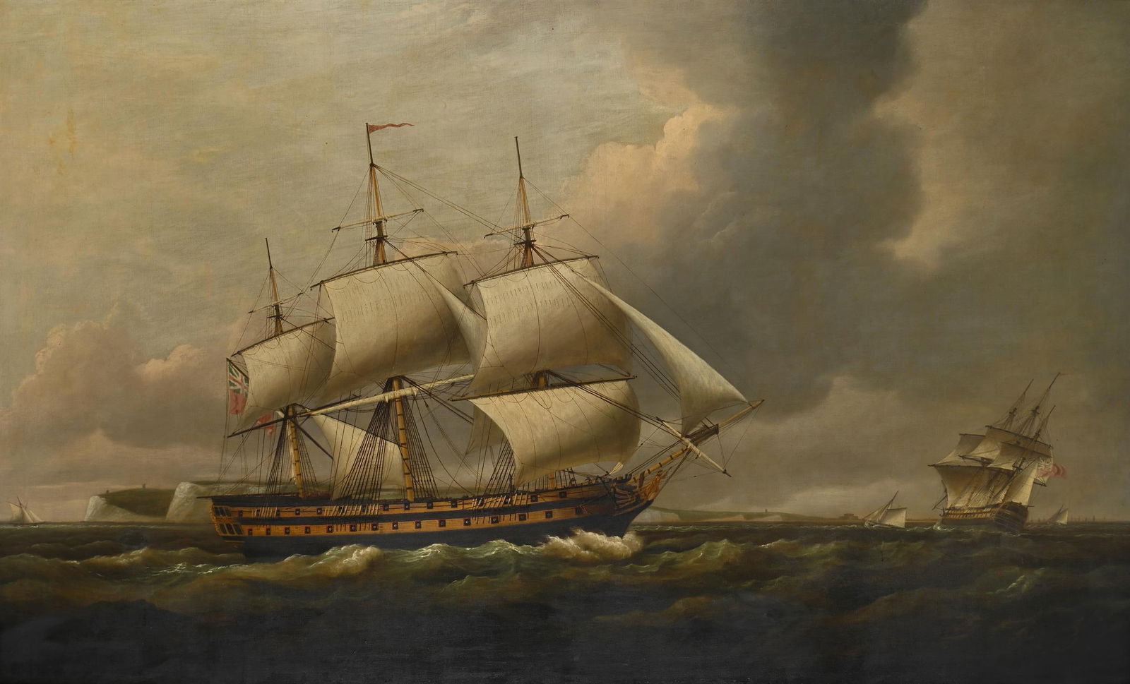 THOMAS LUNY (BRITISH 1759 - 1837), A SHIP OF THE EAST INDIA COMPANY IN TWO POSITIONS: THOMAS LUNY (BRITISH 1759 - 1837)A SHIP OF THE EAST INDIA COMPANY IN TWO POSITIONS OFF THE SEVEN SISTERSOil on canvasSigned (to rock lower right)88 x 146cm (34½ x 57¼ in.)