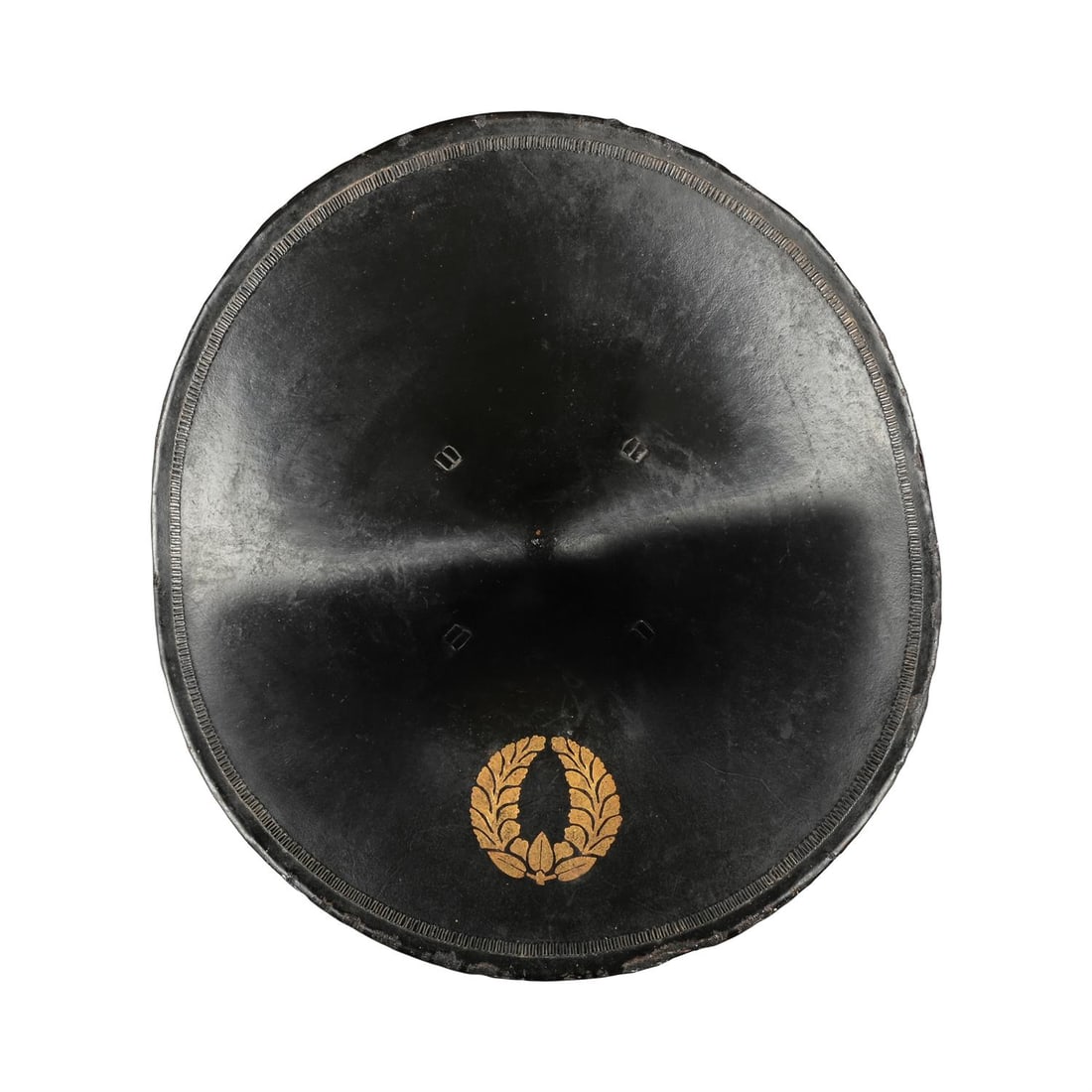 ‡ A black lacquered leather jingasa [war hat], Momoyama-Edo period (1 of 3)