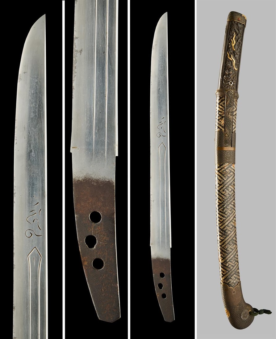 ‡ An aikuchi tanto, The koshirae, Edo period: ‡ Property from the Collection of Jean SaportaAn aikuchi tantoThe koshirae, Edo period, 19th century Sugata [configuration]: hira-zukuri, iori-mune, very slight curvatureKitae [forging pattern]: