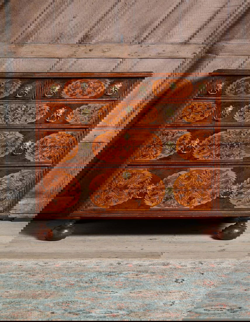 A FINE CHARLES II OLIVEWOOD, WALNUT, FRUITWOOD OYSTER VENEERED AND MARQUETRY CHEST OF DRAWERS (1 of 4)