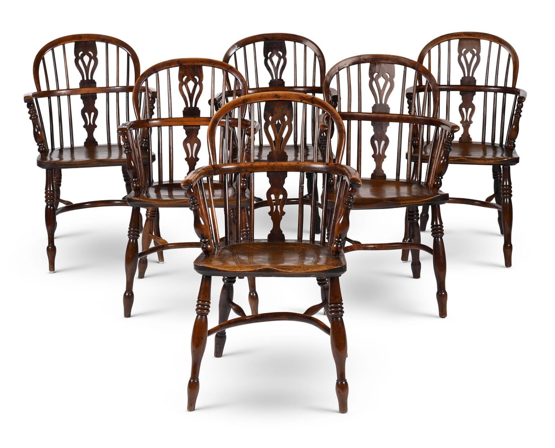 A SET OF SIX YEW AND ELM LOW BACK WINDSOR ARMCHAIRS, BY ELIZABETH GABBITTASS WORKSOP, CIRCA 1840 (1 of 4)