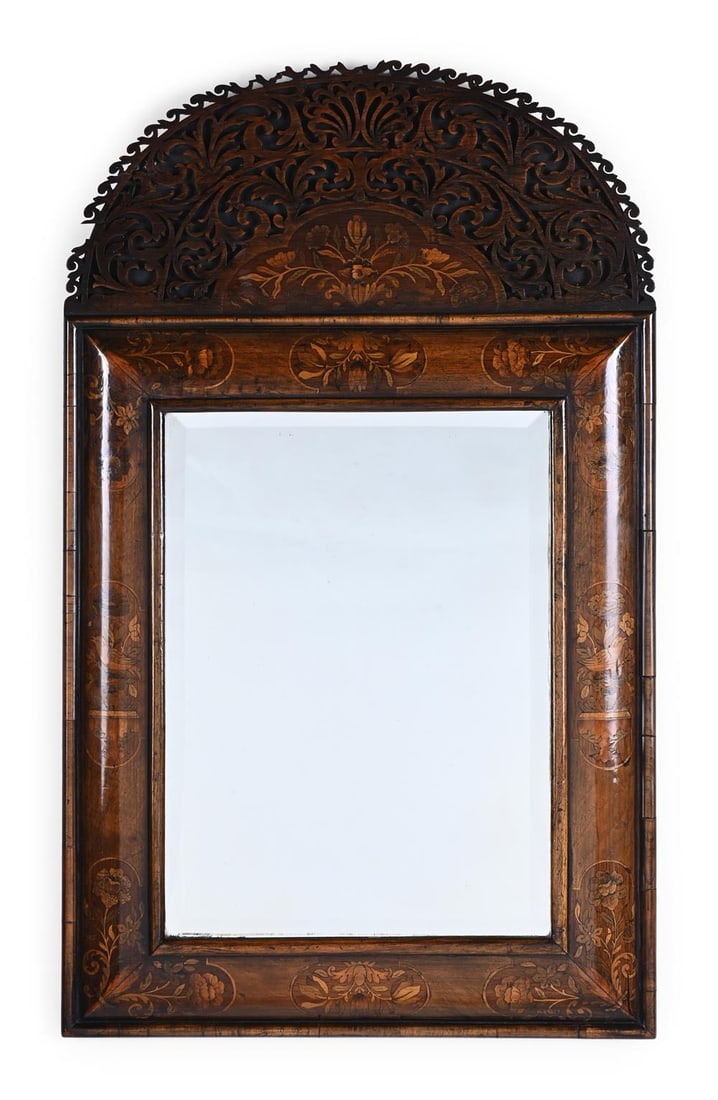 A WALNUT, SPECIMEN MARQUETRY AND FRET WORK MIRROR, LATE 19TH CENTURY OR EARLY 20TH CENTURY (1 of 2)