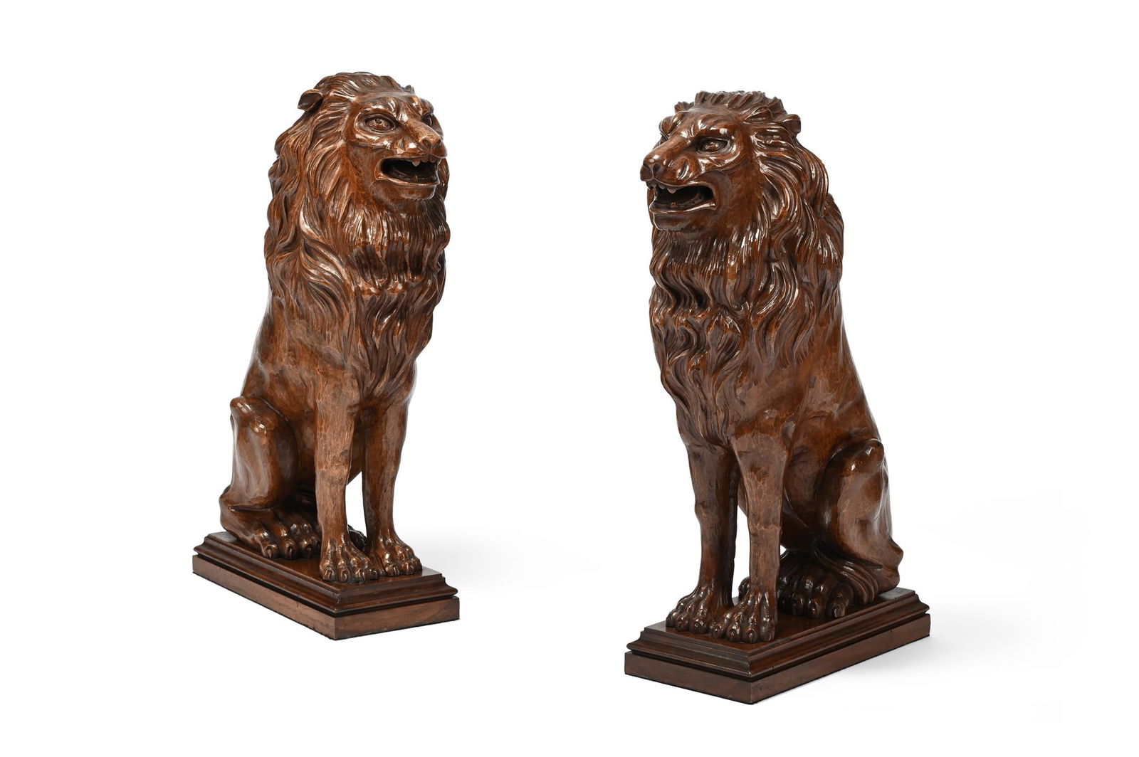 A PAIR OF ITALIAN CARVED WALNUT LIONS, 19TH CENTURY (1 of 4)