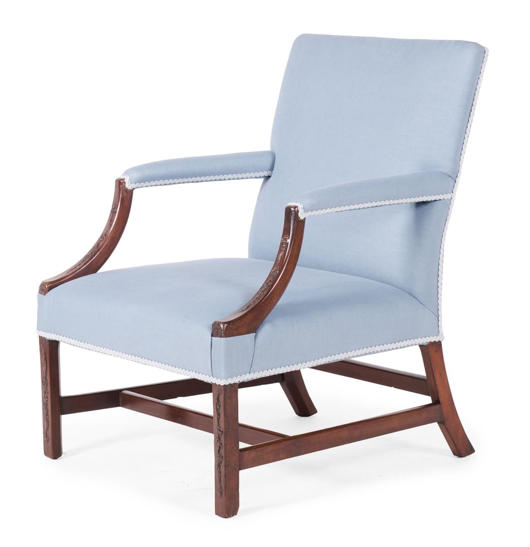 A GEORGE III MAHOGANY AND FRET CARVED GAINSBOROUGH ARMCHAIR, CIRCA 1790 (1 of 3)