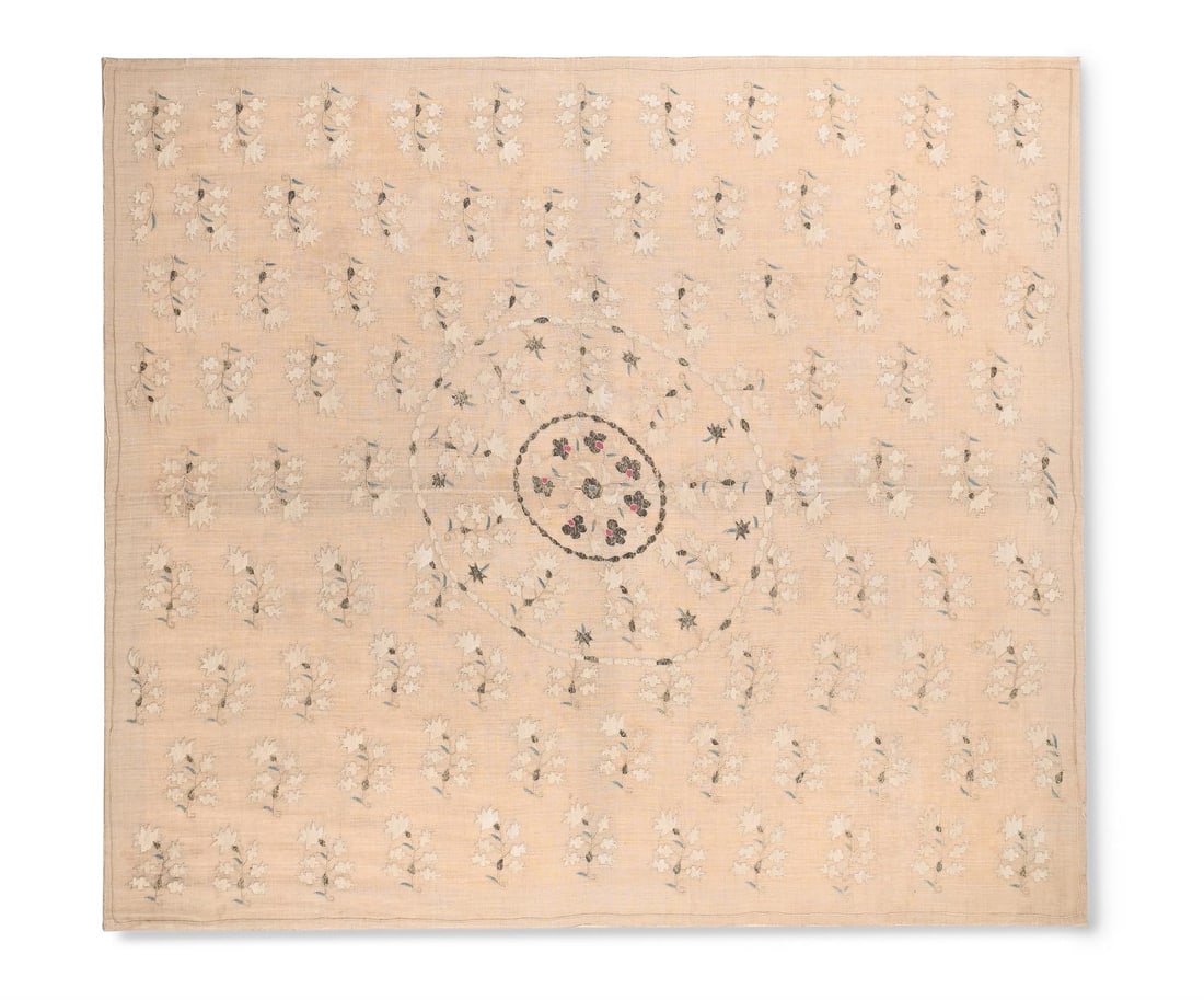 AN OTTOMAN SILK EMBROIDERY, TURKEY, CIRCA 1800: AN OTTOMAN SILK EMBROIDERY TURKEY, CIRCA 1800 Mounted on a stretcher frame, incorporating metal thread approximately 123 x 109cm