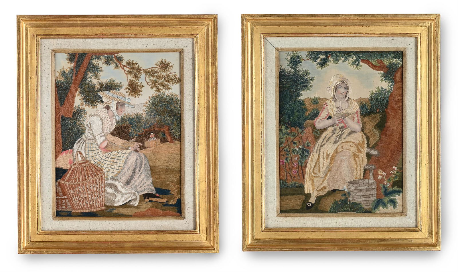 A PAIR OF LATE REGENCY SILKWORK EMBROIDERY PICTURES, CIRCA 1820-1840 (1 of 7)