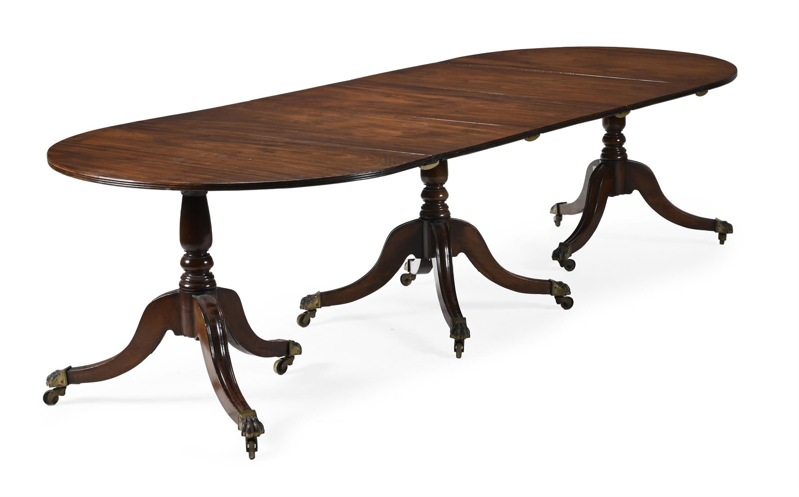 A GEORGE III MAHOGANY TRIPLE PEDESTAL DINING TABLE, CIRCA 1800 (1 of 4)