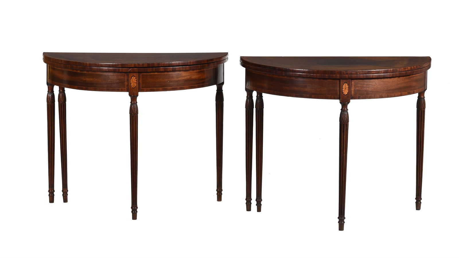 A PAIR OF GEORGE III MAHOGANY AND LINE INLAID DEMI-LUNE TEA TABLES, CIRCA 1790 (1 of 5)