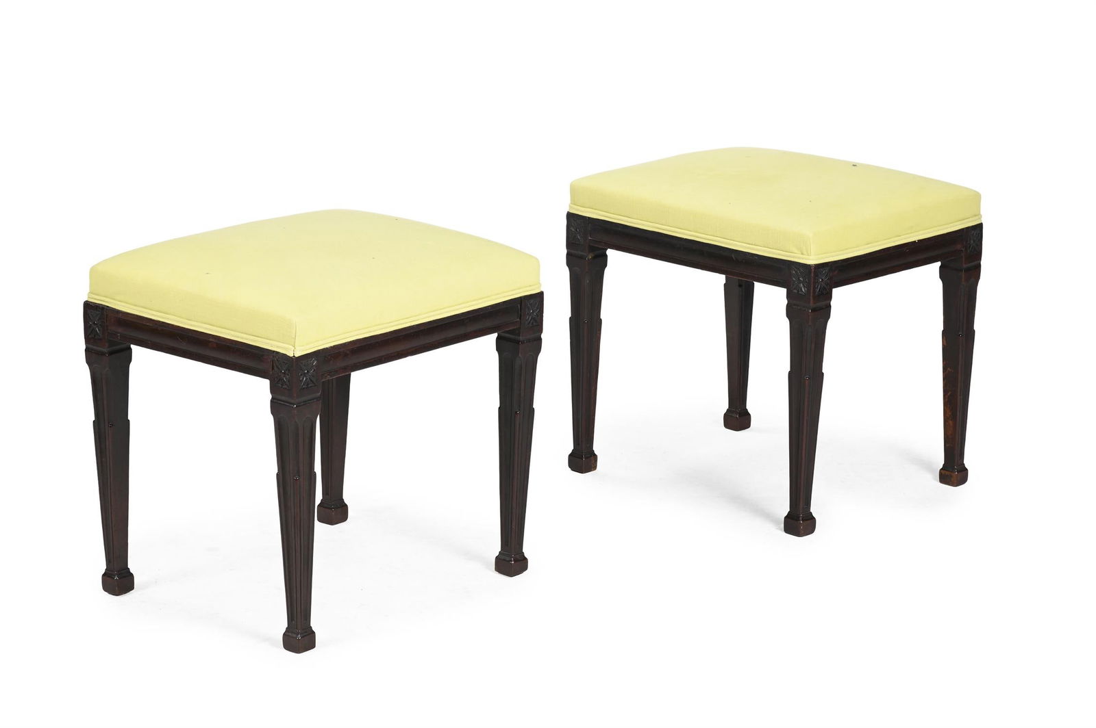 A PAIR OF GEORGE III MAHOGANY AND UPHOLSTERED STOOLS, BY GILLOWS, CIRCA 1790 (1 of 4)
