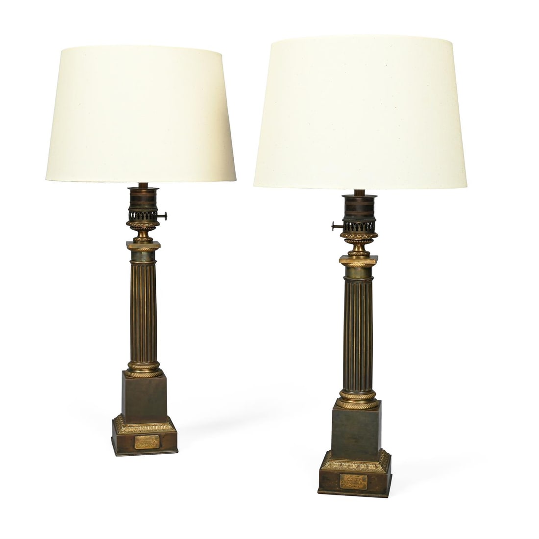 A PAIR OF EMPIRE STYLE GILT AND PATINATED BRONZE TABLE LAMPS, BY DOMBROWSKI PARIS, 19TH CENTURY (1 of 3)