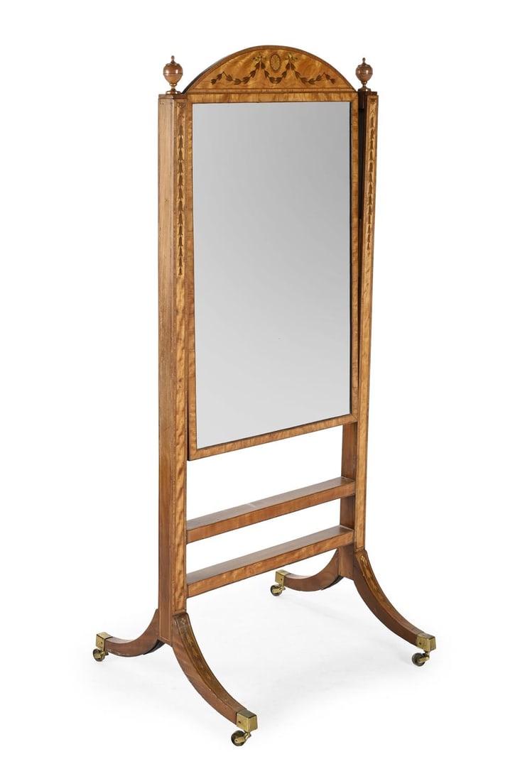 A GEORGE III SATINWOOD AND MARQUETRY CHEVAL MIRROR, CIRCA 1790 (1 of 2)