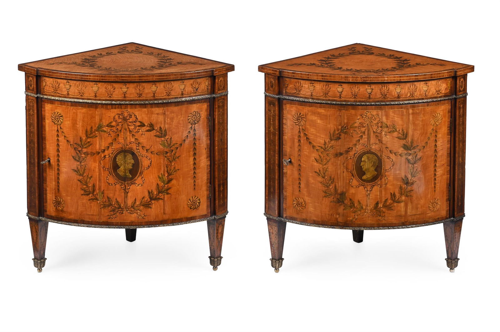 Y A PAIR OF GEORGE III SATINWOOD, ROSEWOOD AND SPECIMEN MARQUETRY CORNER CABINETS OR ENCOIGNURES (1 of 10)