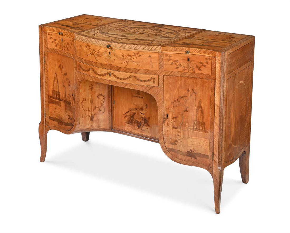 Y A FINE GEORGE III SATINWOOD, KINGWOOD AND SPECIMEN MARQUETRY SERPENTINE DRESSSING TABLE, CIRCA: Y A FINE GEORGE III SATINWOOD, KINGWOOD AND SPECIMEN MARQUETRY SERPENTINE DRESSSING TABLEIN THE MANNER OF PIERRE LANGLOIS, CIRCA 1770The central hinged top opening to a hinged oval mirror, the flankin