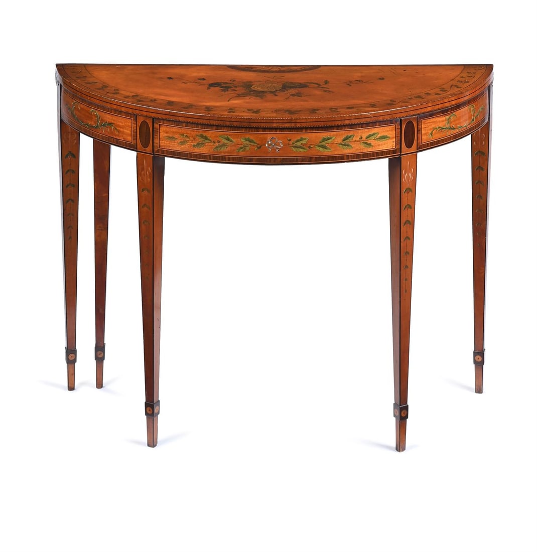 Y A GEORGE III SATINWOOD, ROSEWOOD AND POLYCHROME PAINTED FOLDING CARD TABLE, CIRCA 1790 (1 of 5)