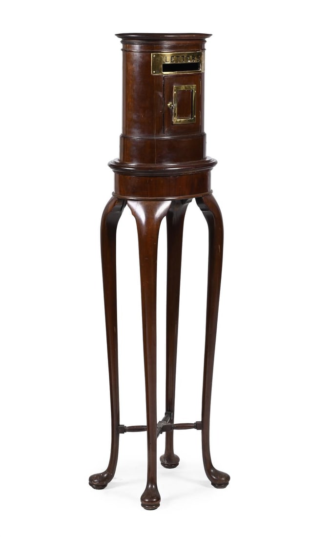 AN UNUSUAL VICTORIAN MAHOGANY AND BRASS MOUNTED DOMESTIC POST BOX ON STAND, CIRCA 1880-1900 (1 of 3)