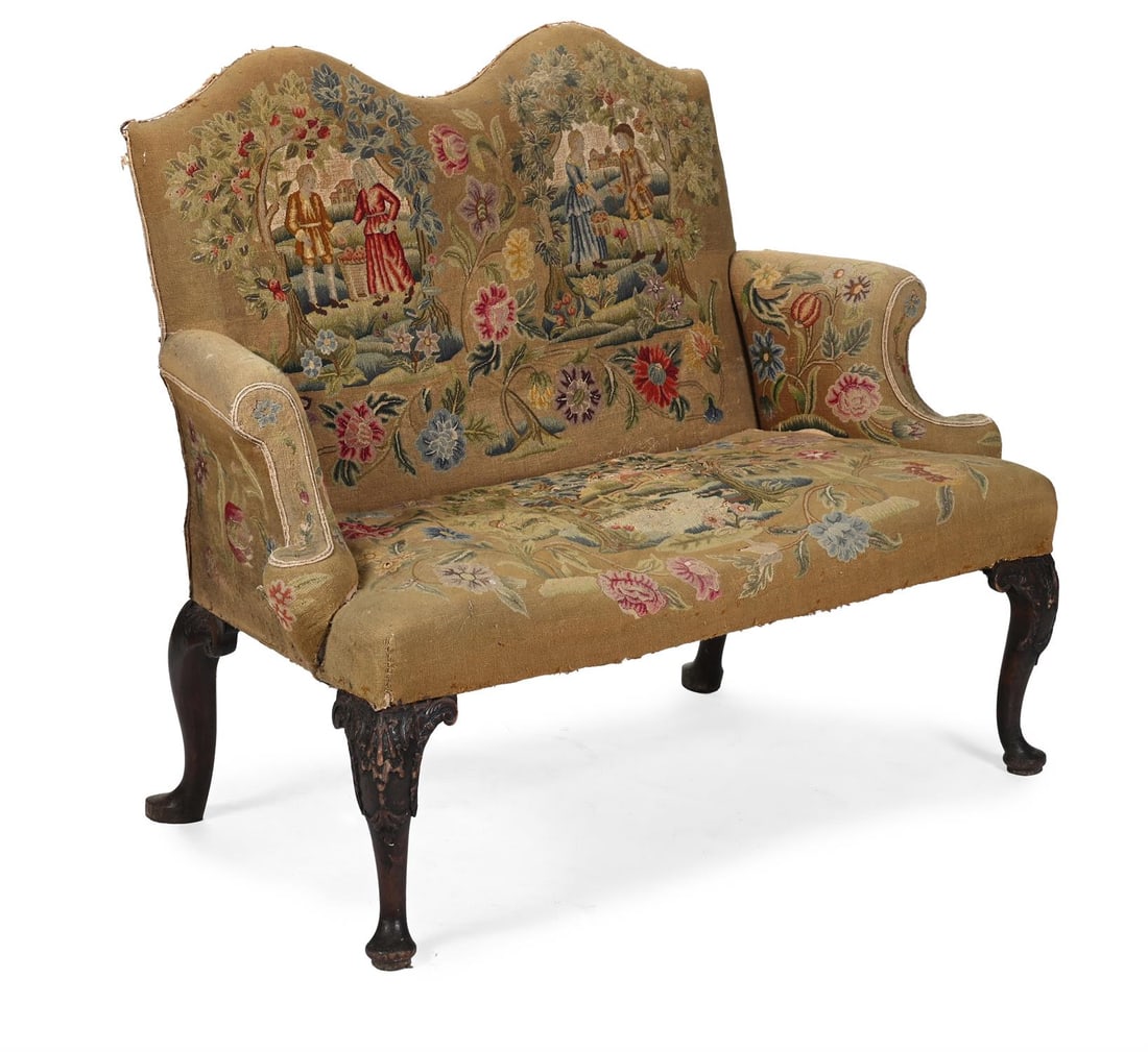 A WALNUT AND NEEDLEWORK UPHOLSTERED SETTEE, IN GEORGE II STYLE, LATE 19TH CENTURY: A WALNUT AND NEEDLEWORK UPHOLSTERED SETTEEIN GEORGE II STYLE, LATE 19TH CENTURY94cm high, 125cm wide, 62cm deepProvenance:Selected items from a Private Collection, Norfolk