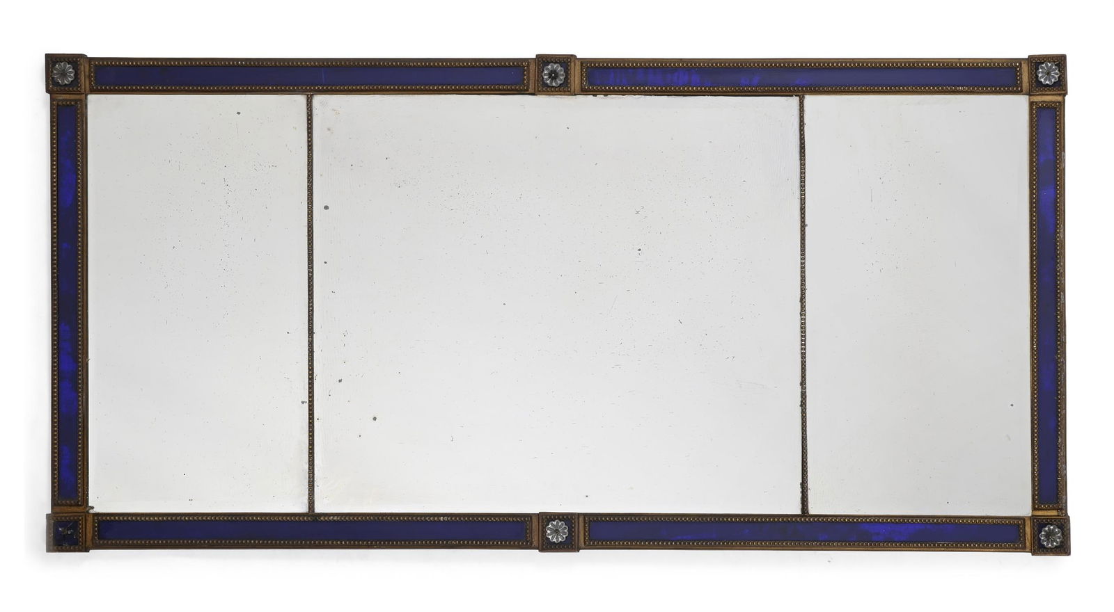 A GILTWOOD AND BLUE GLASS TRIPTYCH OVERMANTLE MIRROR, 20TH CENTURY (1 of 2)