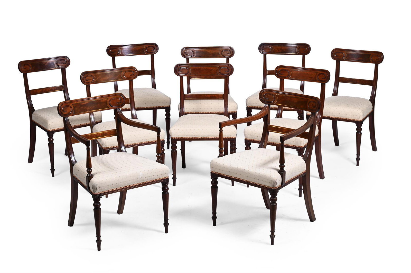 A SET OF TEN GEORGE IV MAHOGANY AND BRASS STRUNG DINING CHAIRS, CIRCA 1825 (1 of 4)