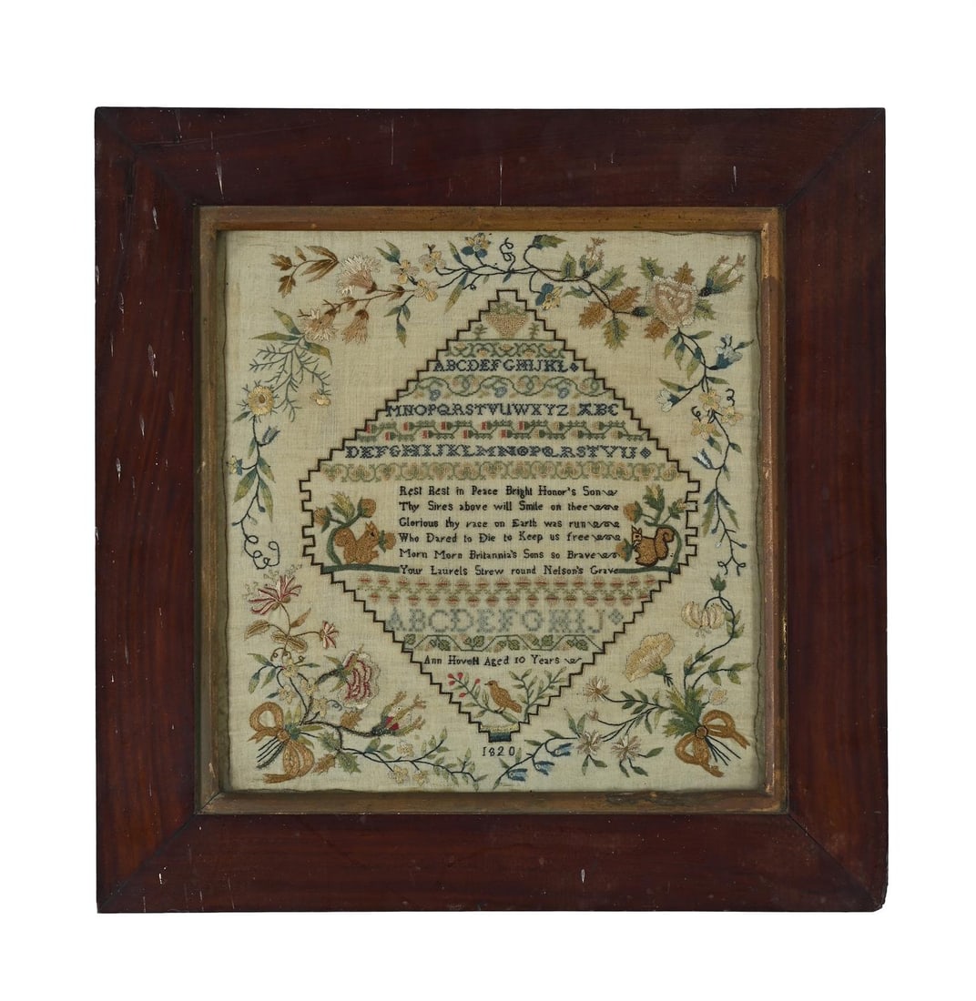 Y A REGENCY NORFOLK SAMPLER IN COMMEMORATION OF NELSON, WORKED 1820 (1 of 3)