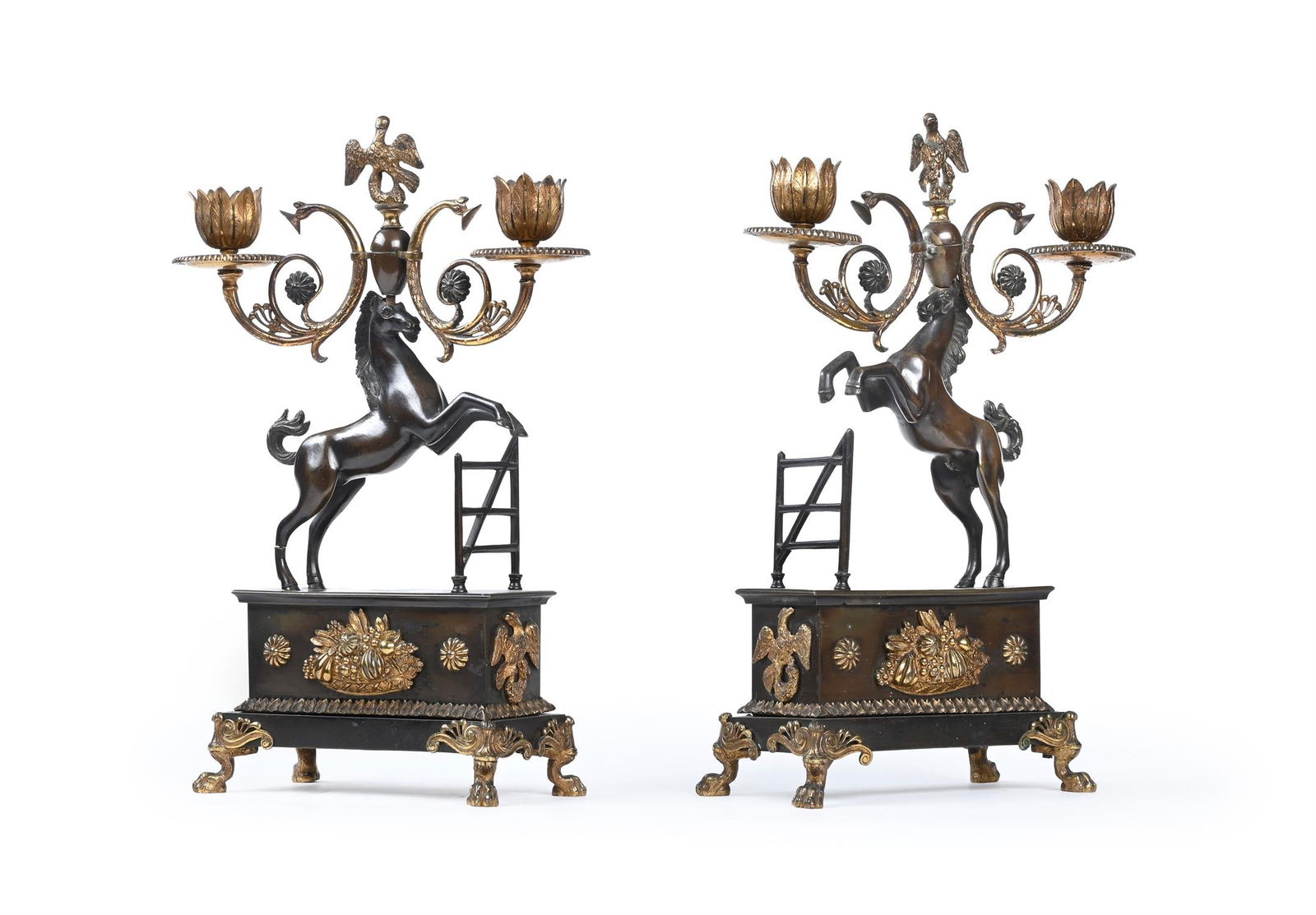 A PAIR OF BRONZE AND GILT METAL HORSE CANDELABRA, EARLY TO MID 19TH CENTURY (1 of 3)
