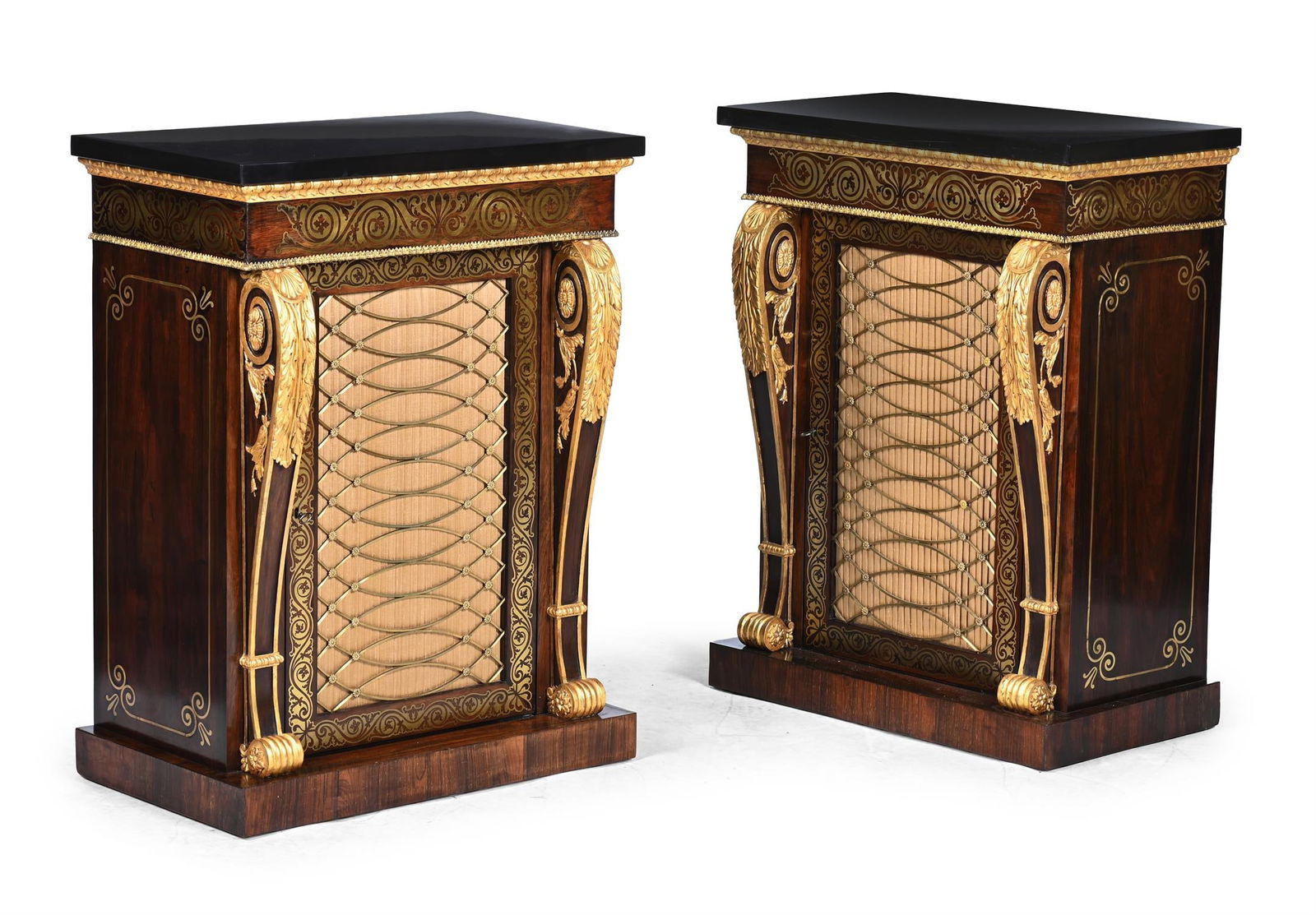 Y A PAIR OF REGENCY BRASS INLAID ROSEWOOD AND PARCEL GILT SIDE CABINETS, CIRCA 1815 (1 of 4)