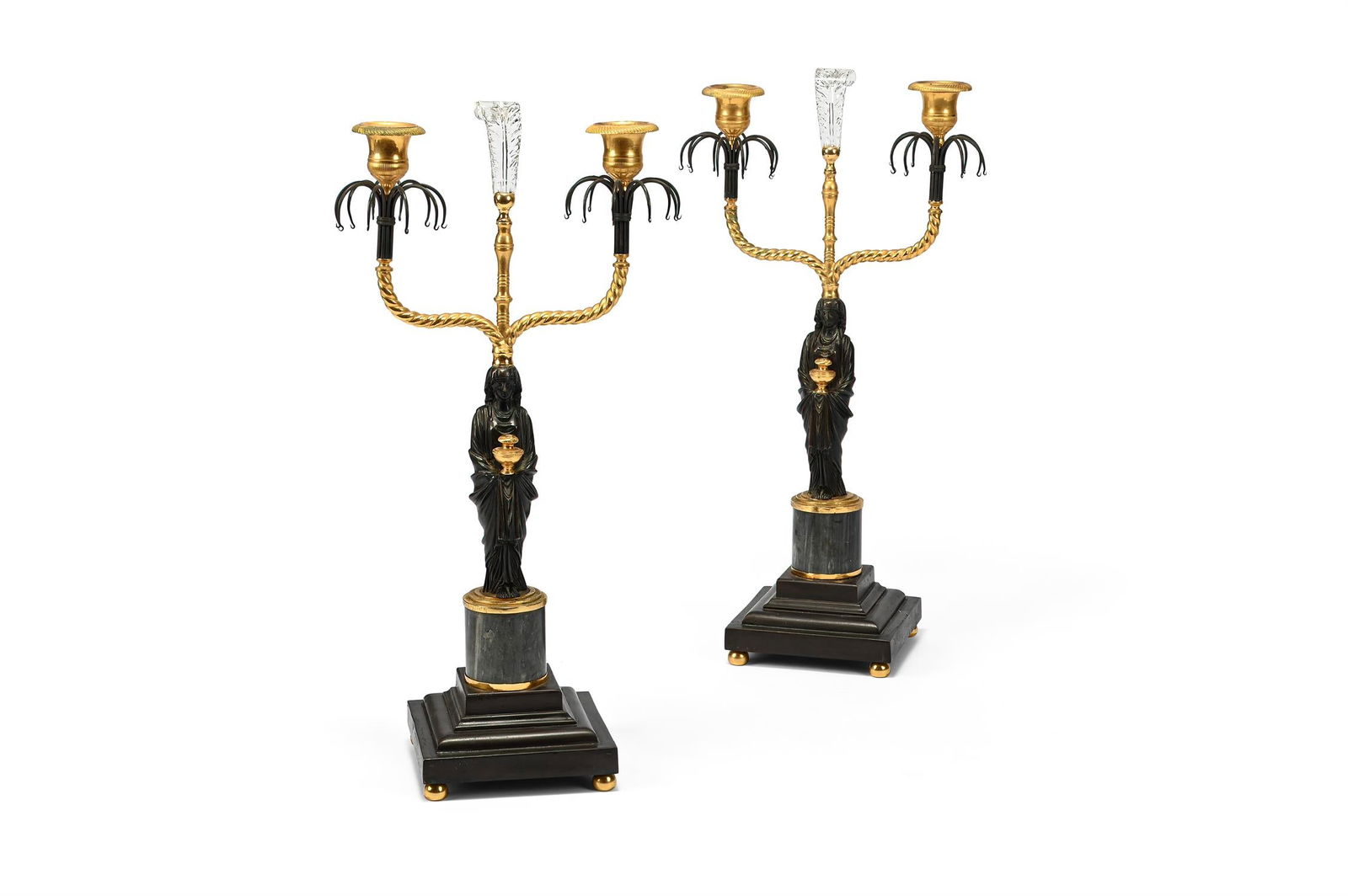 A PAIR OF REGENCY BRONZE FIGURAL TWO LIGHT CANDELABRA, EARLY 19TH CENTURY (1 of 3)