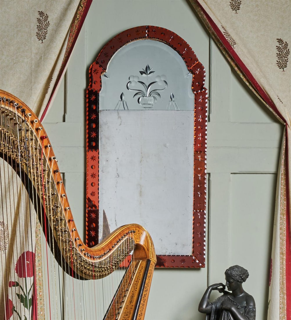 A GILTWOOD AND ETCHED RED GLASS MIRROR, IN QUEEN ANNE STYLE, 20TH CENTURY: A GILTWOOD AND ETCHED RED GLASS MIRRORIN QUEEN ANNE STYLE, 20TH CENTURY100cm high, 50cm wide