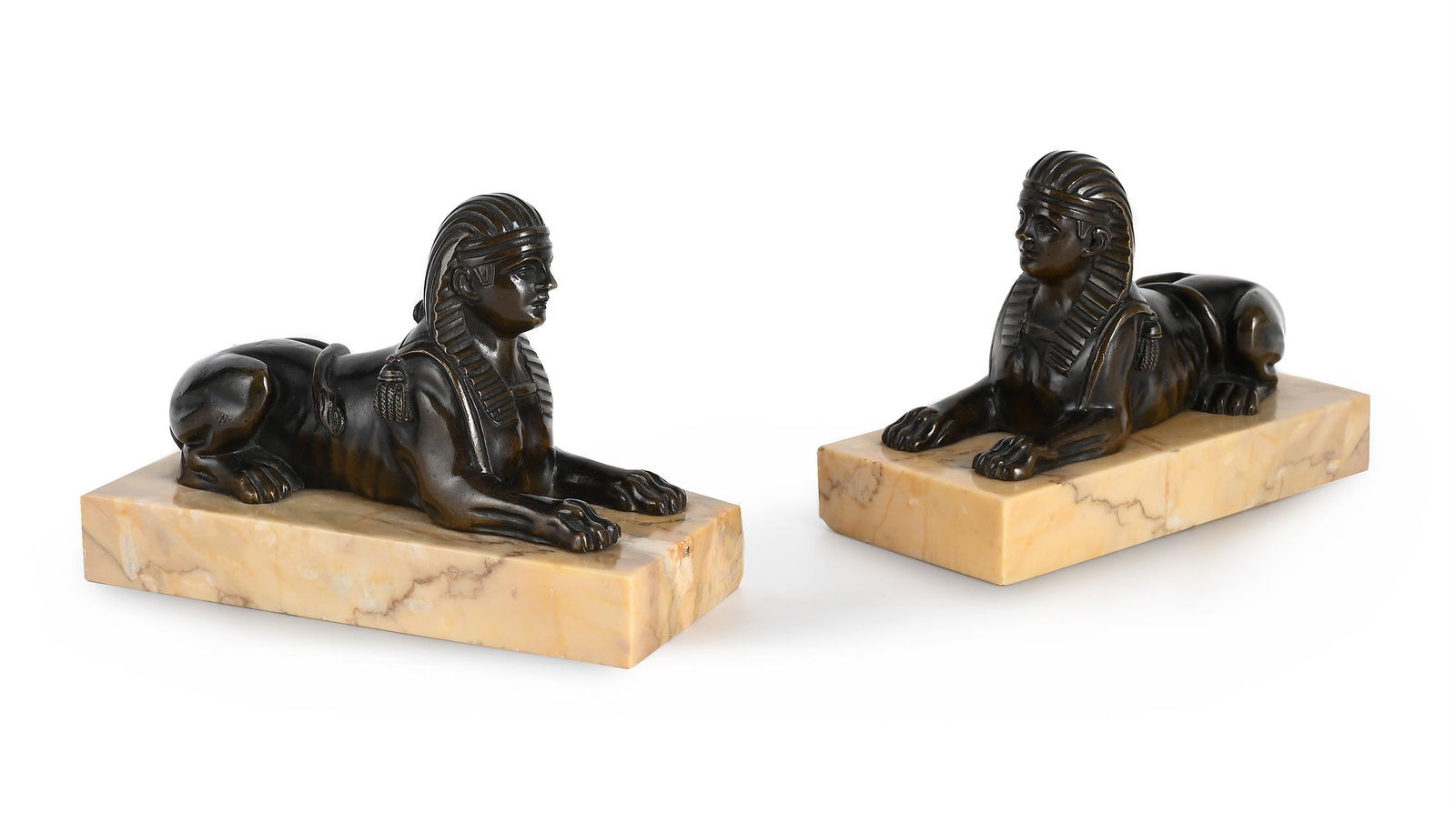 A PAIR OF BRONZE SPHINXES ON GIALLO MARBLE BASES, ITALIAN OR FRENCH, EARLY TO MID 19TH CENTURY (1 of 6)
