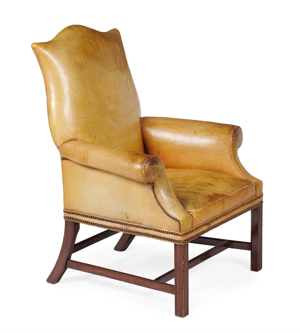 A MAHOGANY AND BRASS STUDDED LEATHER ARMCHAIR, IN GEORGE III STYLE, 20TH CENTURY (1 of 3)