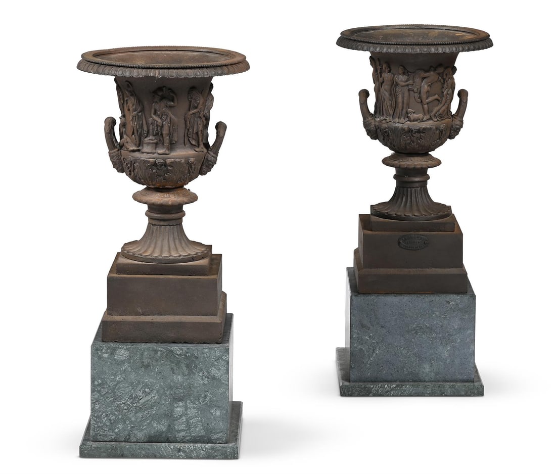 A PAIR OF HANDYSIDE CAST IRON TWIN HANDLED 'BORGHESE' AND 'MEDICI' VASES, LATE 19TH CENTURY (1 of 4)
