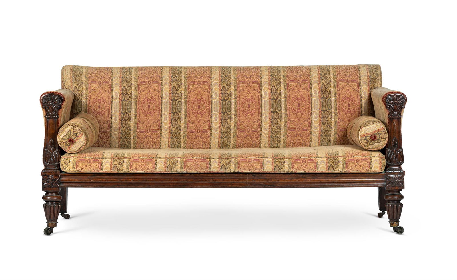 Y A REGENCY CARVED ROSEWOOD AND UPHOLSTERED SETTEE, CIRCA 1820 (1 of 4)