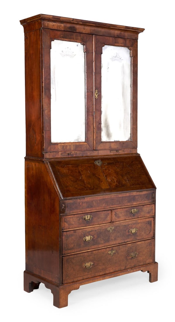 A GEORGE II WALNUT, BURR WALNUT, BURR YEW AND FEATHER BANDED BUREAU BOOKCASE, CIRCA 1735 (1 of 5)