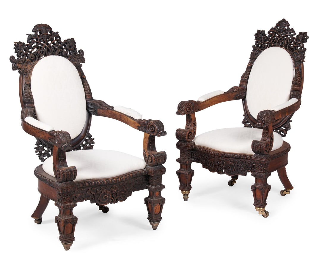 Y A PAIR OF ANGLO INDIAN PADOUK AND UPHOLSTERED ARMCHAIRS, CIRCA 1870 (1 of 4)