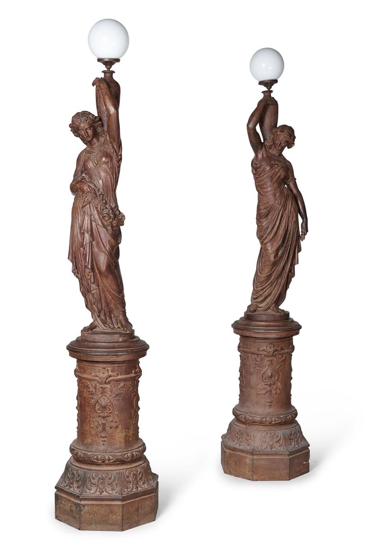 A LARGE PAIR OF CAST IRON FEMALE FIGURAL LIGHTS ON PEDESTALS, LATE 19TH CENTURY (1 of 5)