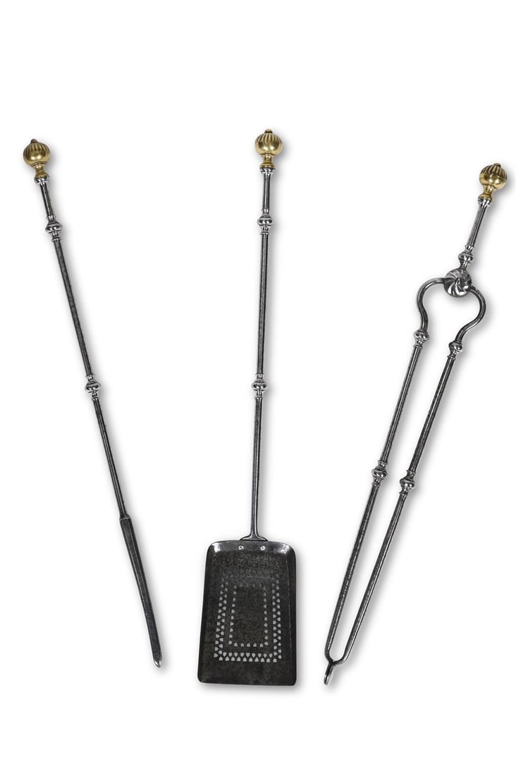A SET OF THREE POLISHED STEEL AND BRASS FIRE TOOLS, EARLY 19TH CENTURY (1 of 2)
