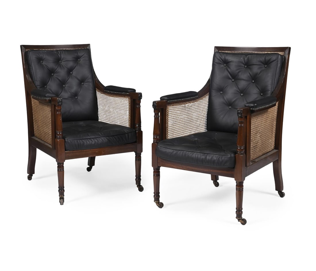 A PAIR OF REGENCY MAHOGANY BERGERE LIBRARY ARMCHAIRS, CIRCA 1820 (1 of 4)