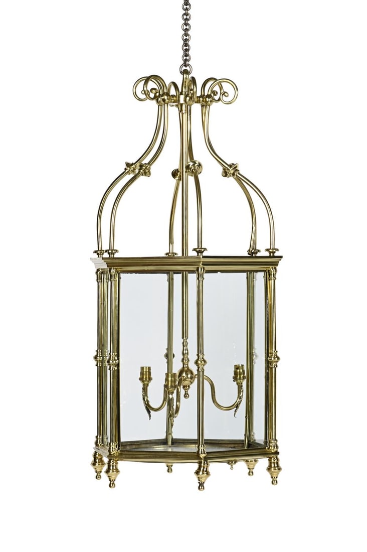 A LARGE BRASS HEXAGONAL HALL LANTERN, MID 19TH CENTURY, INCORPORATING LATER ELEMENTS (1 of 2)