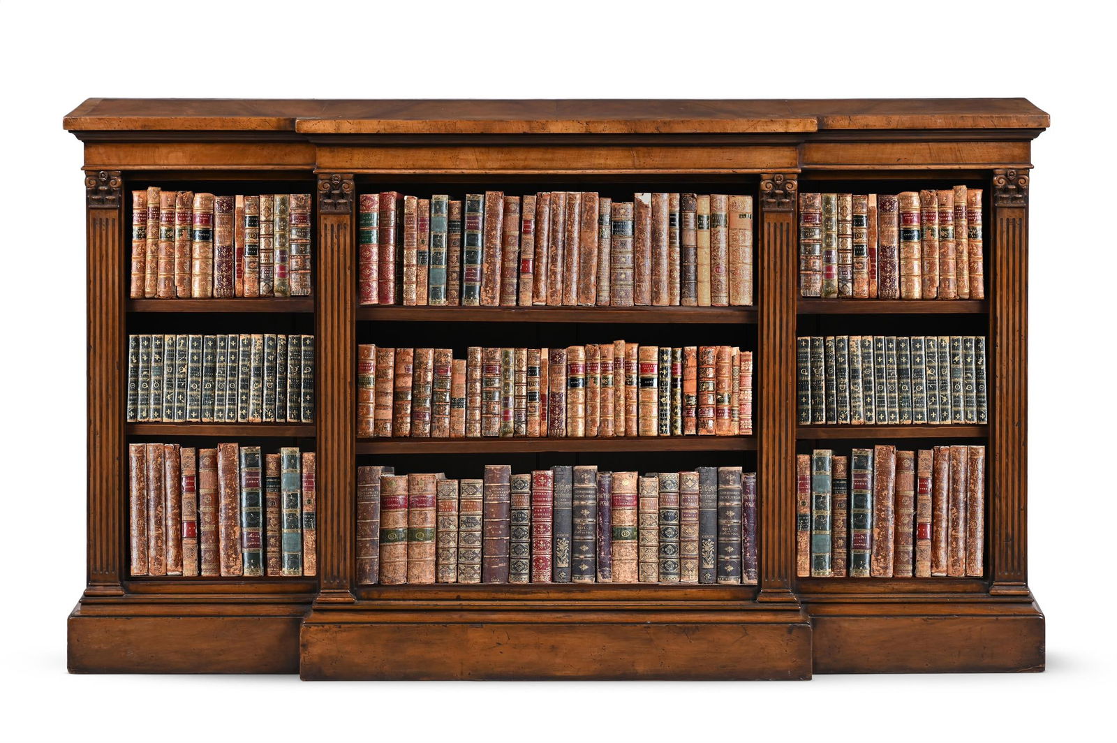 A WALNUT AND CROSSBANDED BREAKFRONT OPEN BOOKCASE, LATE 19TH OR EARLY 20TH CENTURY (1 of 2)