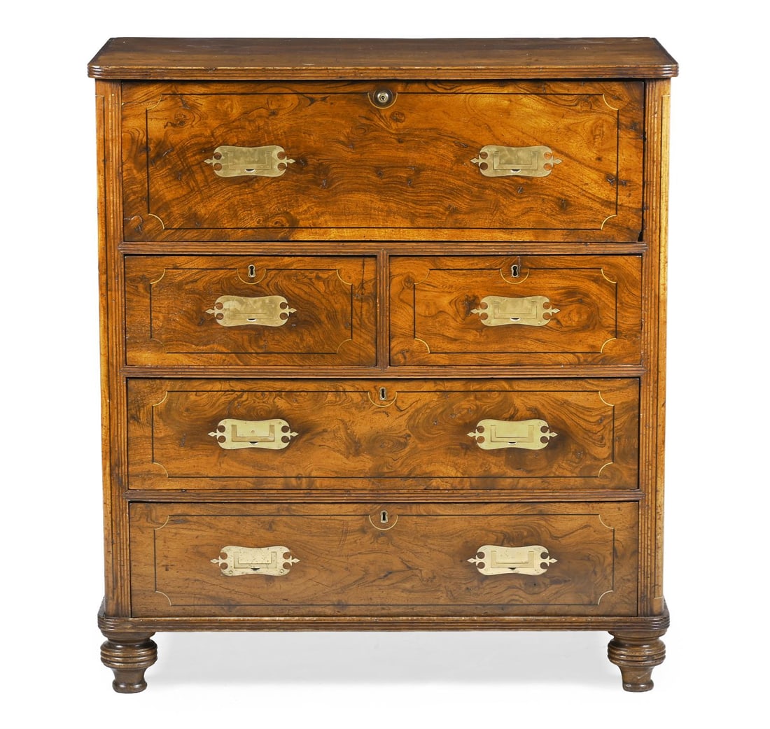 Y A VICTORIAN HUANGHUALI AND HARDWOOD CAMPAIGN SECRETAIRE CHEST OF DRAWERS, MID 19TH CENTURY (1 of 5)