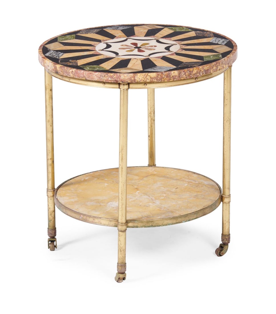 A SPECIMEN MARBLE AND GILT BRASS TWO TIER TABLE OR ETAGERE, IN THE MANNER OF MALLETT, 20TH CENTURY (1 of 3)