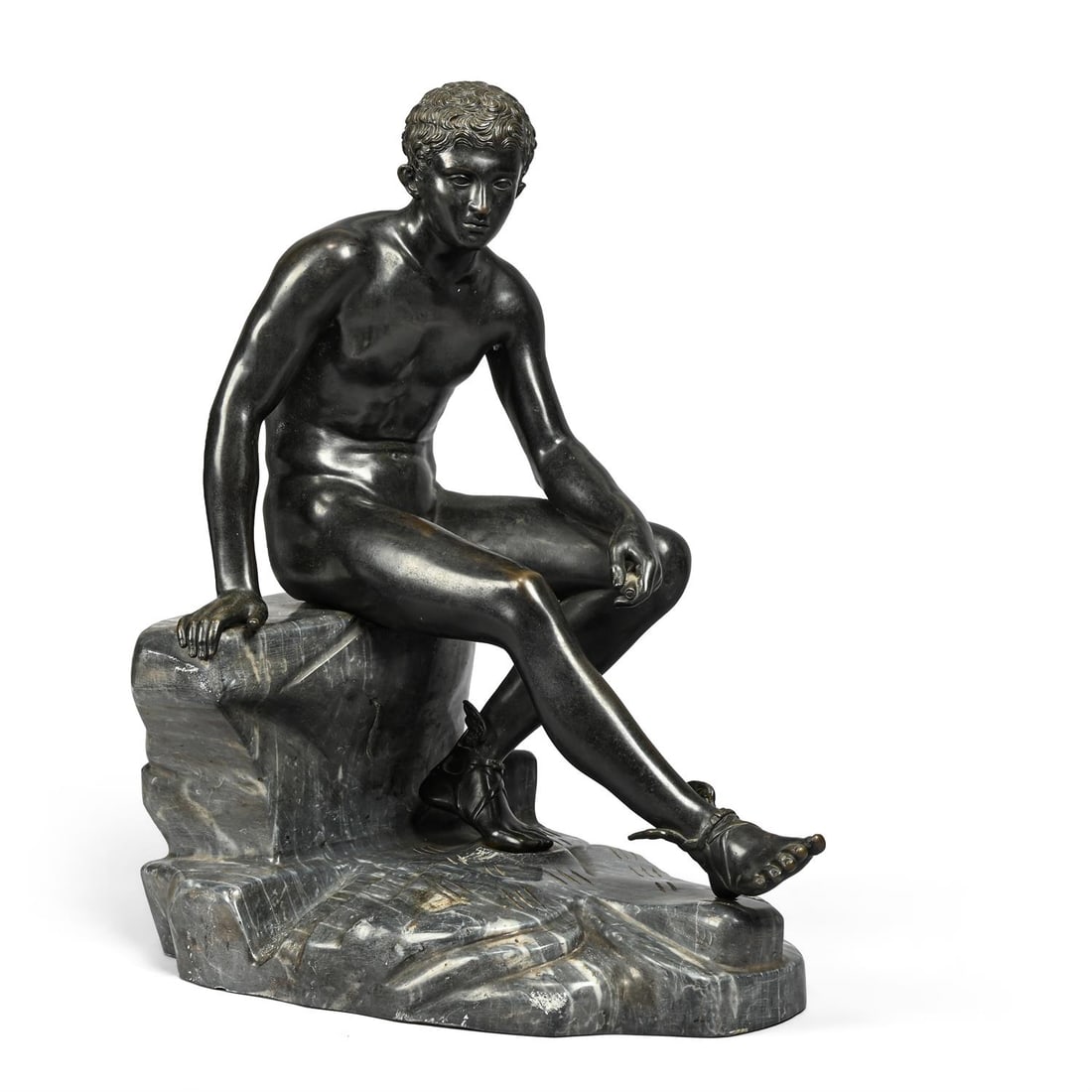 AFTER THE ANTIQUE, A NAPLES BRONZE AND MARBLE FIGURE OF THE RESTING HERMES, LATE 19TH CENTURY: AFTER THE ANTIQUE, A NAPLES BRONZE AND MARBLE FIGURE OF THE RESTING HERMESBY THE SOMMER FOUNDRY, NAPLES, LATE 19TH CENTURYInscribed 'Fonderia Giorgio Sommer, Calabritto 2-3 Napoli', set on a late Vict